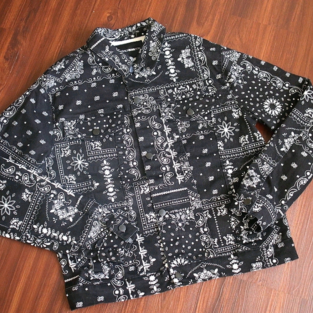 Fashion Nova Black Bandana Denim Jacket